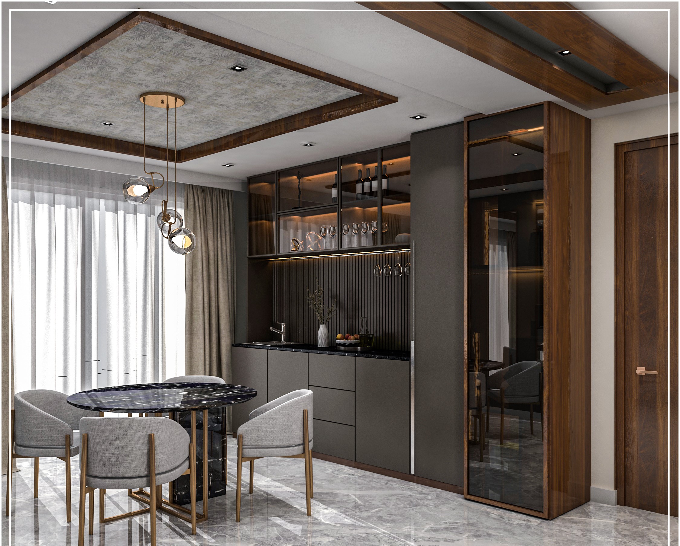 Lounge with Bar & Glass Cabinetry